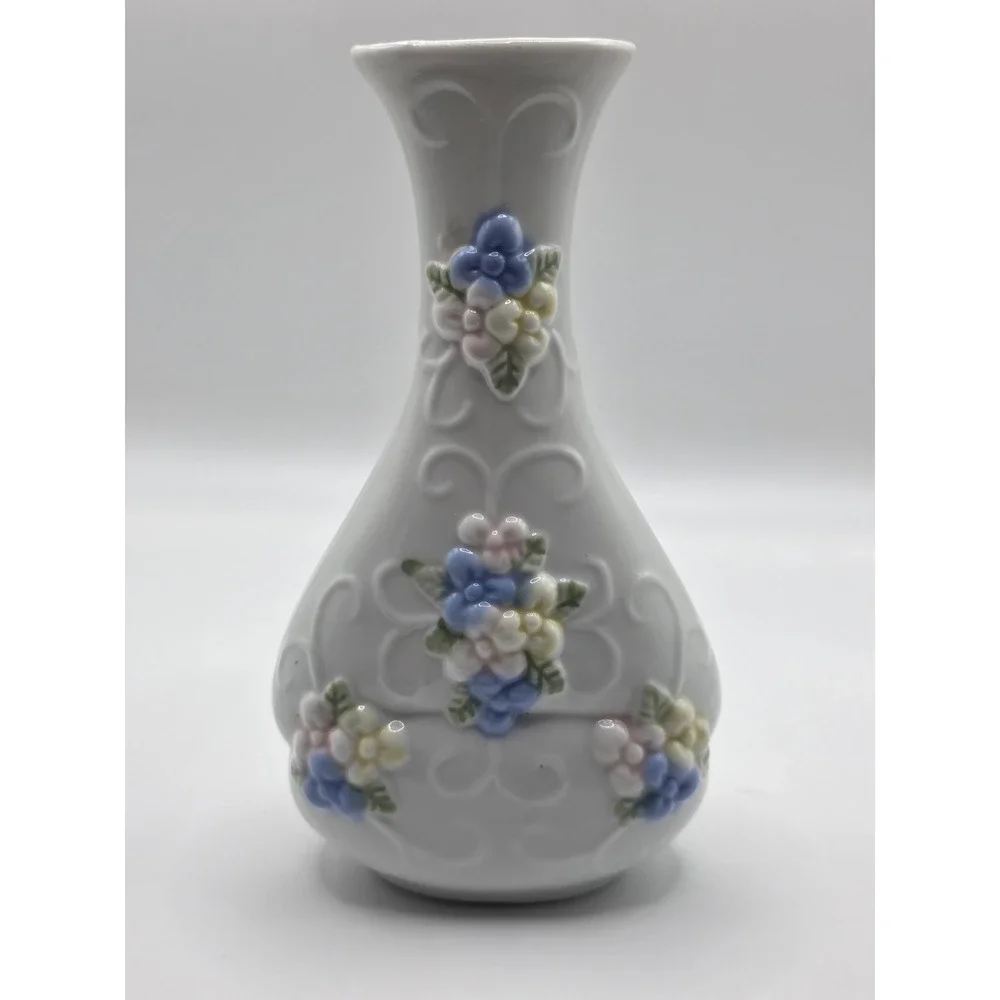 vintage porcelain basket And Vase With Beautiful Blue Pink Yellow Flowers